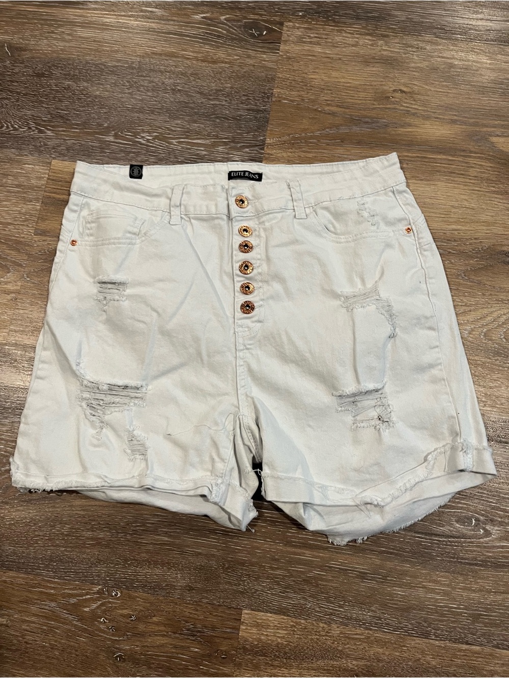 White Distressed High-Waist Denim Shorts -